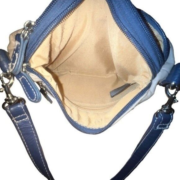 Stone & Co Tumbled Leather Beige & Navy Blue Small Double Zip Shoulder Bag Purse - Picture 11 of 14